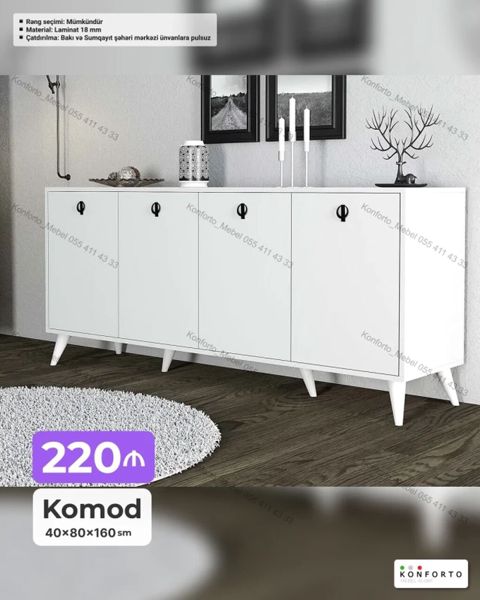Komod – 40×80×160 sm - Minimalist dizaynlı, 4 qapılı ağ komod — Bakı
