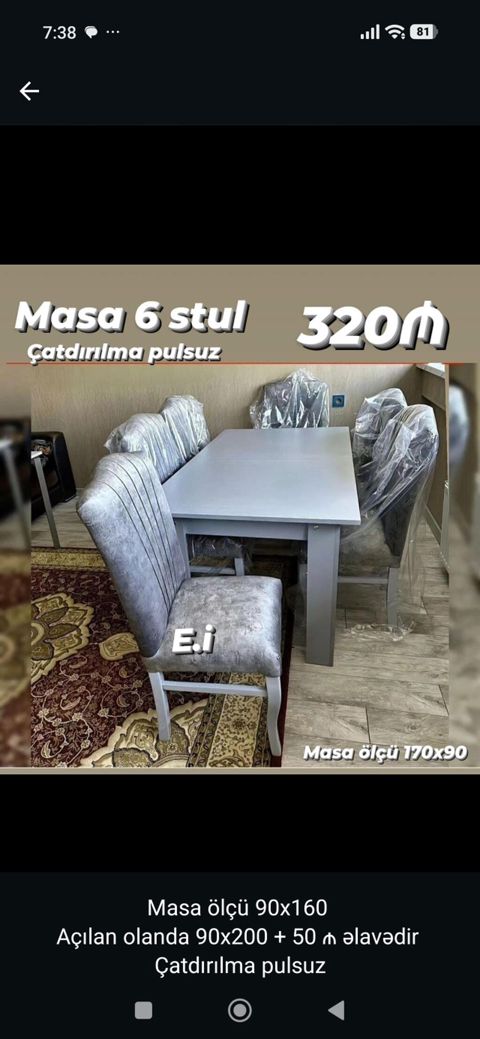 Masa və 6 stul dəsti - Rəng: boz tonlarda masa və yumşaq süngərlə — 320 ₼ · Bakı · Masalar və stullar Masa və 6 stul dəsti - Rəng: boz tonlarda masa və yumşaq süngərlə — Bakı