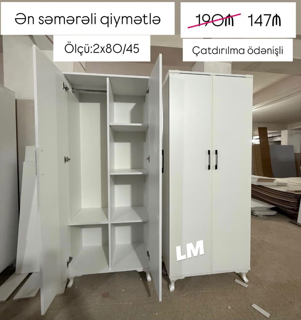 İkiqapılı ağ geyim dolabı - Ölçü: 2 x 80/45 (eni 80 sm, dərinlik 45 — Şkaflar, Bakı