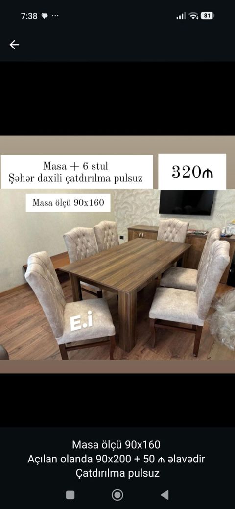 Mebel dəsti: Masa + 6 stul - Masa ölçüsü: 90x160 sm - Açılan masa — Bakı