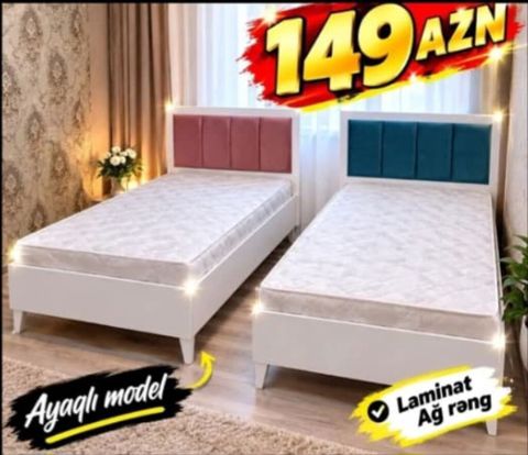 Ayaqlı tək nəfərlik çarpayı modeli - Material: laminat, ağ rəng — Bakı