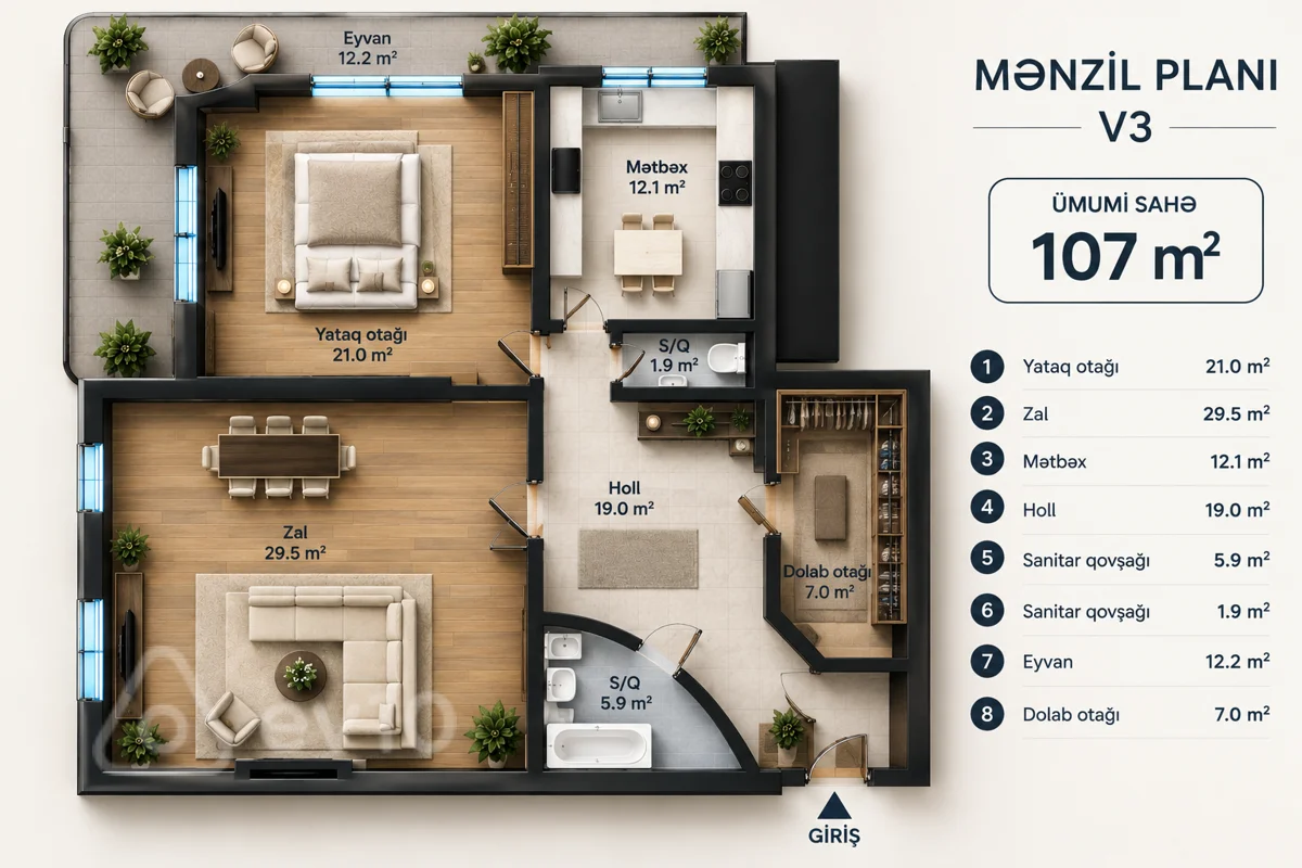 2 otaqlı mənzil, 107 m², Xetai metrosu — Mənzil, Bakı (3)