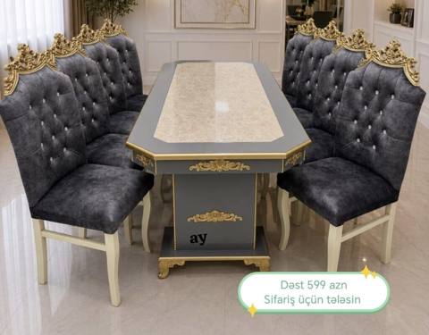 Klassik üslubda yemək otağı dəsti - Dəst: 1 ədəd dikdörtqan masa + 8 — 599 ₼ · Баку · Masalar və stullar Klassik üslubda yemək otağı dəsti - Dəst: 1 ədəd dikdörtqan masa + 8 — Баку