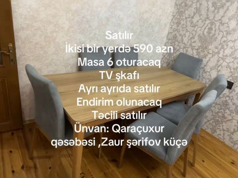 Mebel dəsti – yemək masası və TV şkafı - Masa: 6 nəfərlik, ağac — 590 ₼ · Bakı · Masalar və stullar Mebel dəsti – yemək masası və TV şkafı - Masa: 6 nəfərlik, ağac — Bakı
