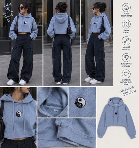 Koton Məhsul: Qadın kapüşonlu qısa svitşot (crop hoodie) - Rəng: Açıq — NejStock