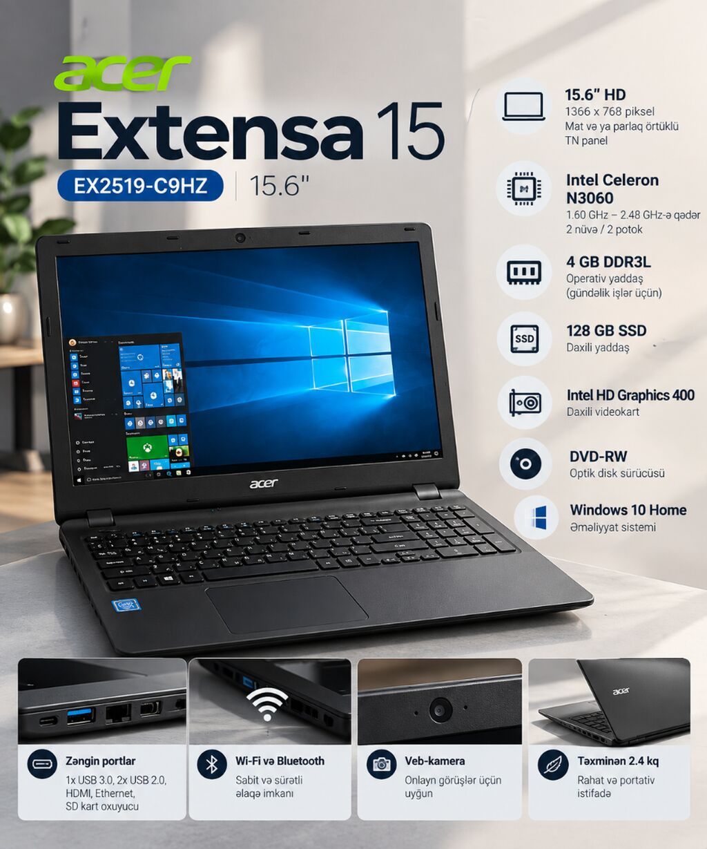 İşlənmiş Acer Extensa, 15.6 Intel Celeron, 128 GB, Ünvandan götürmə, Pulsuz çatdırılma, Rayonlara çatdırılma — Acer, Bakı