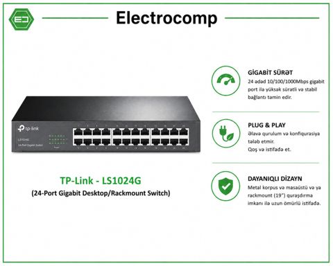 TP-Link LS1024G – 24-Port Gigabit Switch — 165 ₼ · Bakı · Şəbəkə və server avadanlığı TP-Link LS1024G – 24-Port Gigabit Switch — Bakı