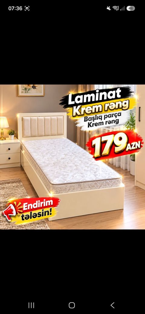 Krem rəng laminat tək nəfərlik çarpayı. - Rəng: krem - Material — Xırdalan