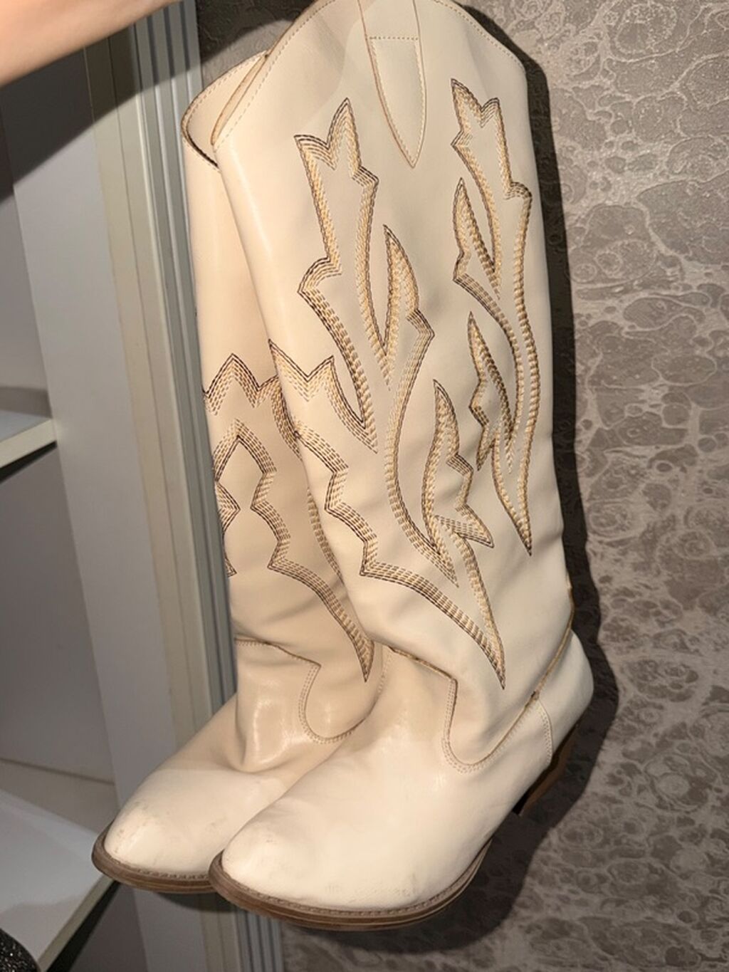 Western üslubunda uzun çəkmələr – krem/bej rəng - Material: yumşaq — Çəkmə, Bakı (2)