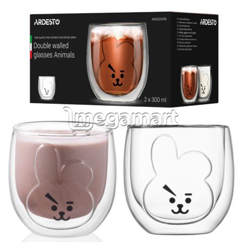 Stəkan dəsti Ardesto Double wall mug set Animals, 300ml, 2pcs, borosilicate glass, transparent (AR2630ARB) — Bakı