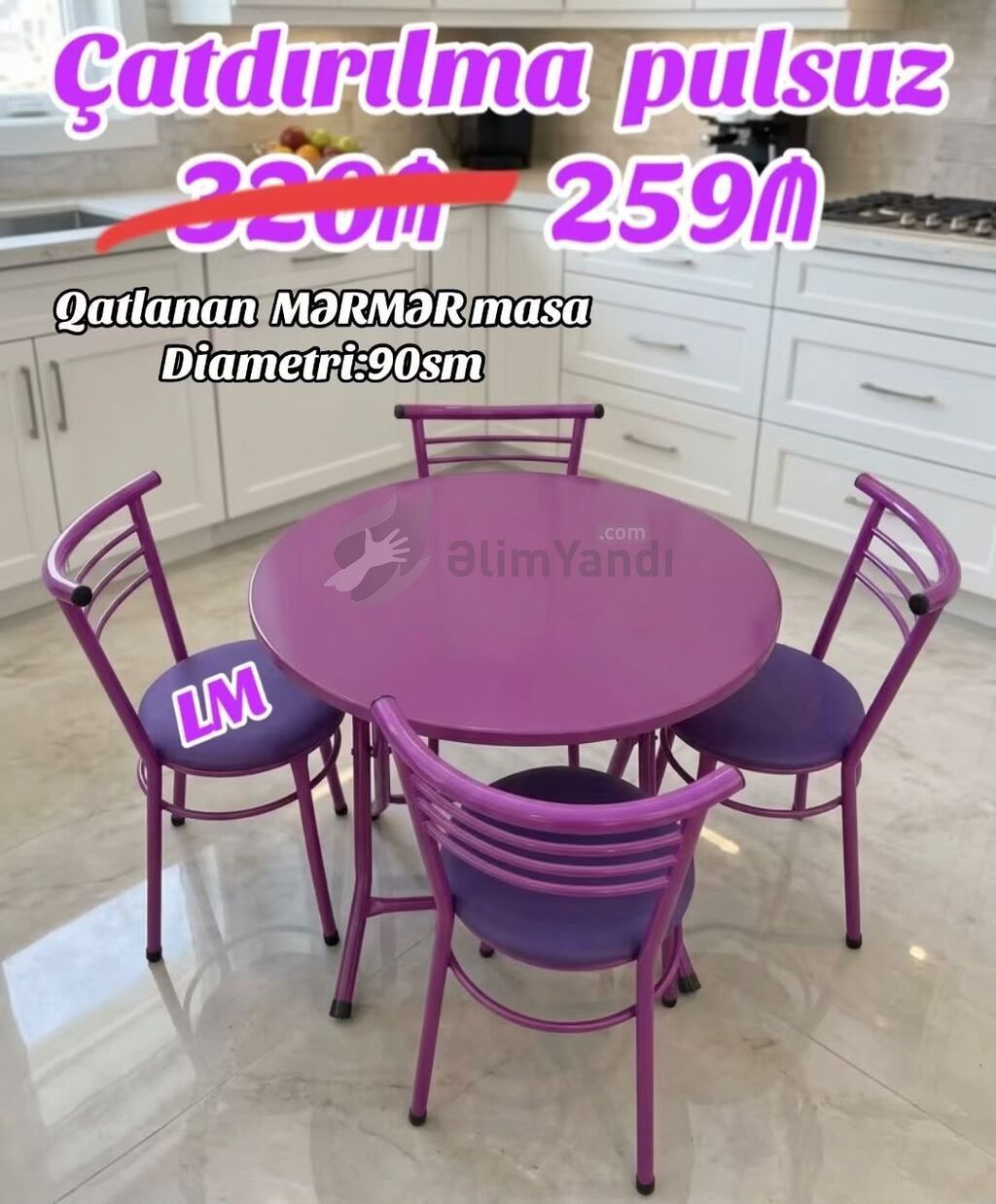 Yeni Mərmər masa dəsti - Qatlanan masa + 4 stul - Diametr/öl — Yataq otağı mobilya dəstləri, Bakı