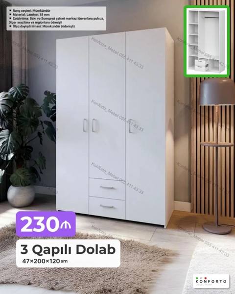 3 qapılı dolab – 47×200×120 sm - Rəng seçimi mümkündür - Material: 18 — Dolaplar