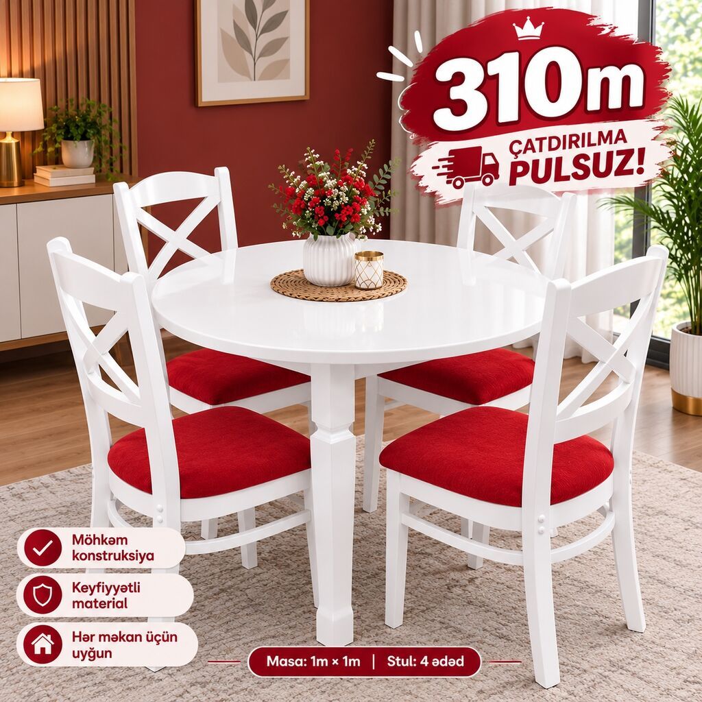 Ağ rəngdə dairəvi yemək masası və 4 ədəd stul komplekti — Masalar və stullar, Bakı