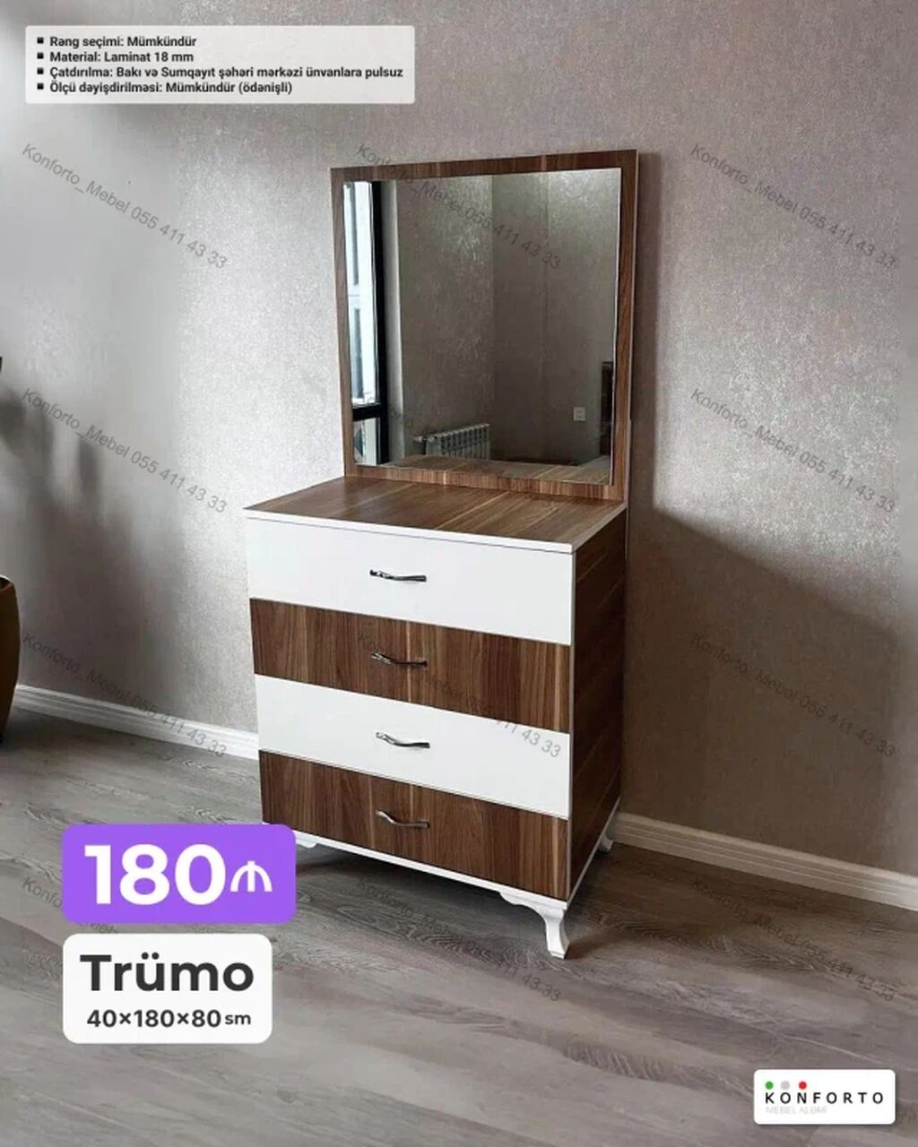 Trümo (güzgülü komod) - Ölçü: 40×180×80 sm - Material: 18 mm laminat — Komodlar və tumbalı, Bakı