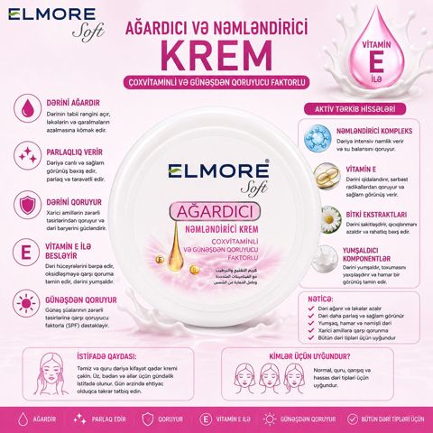 Bədən üçün krem Elmore Soft, ağardıcı və nəmləndirici, 200 ml — Bakı