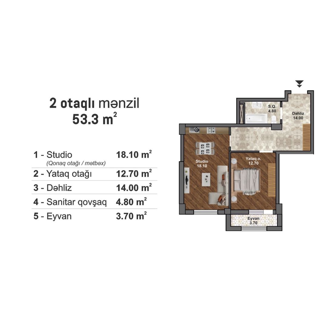 Satılır 2 otaqlı yeni tikili 53.3 m² — Mənzil, Bakı (2)