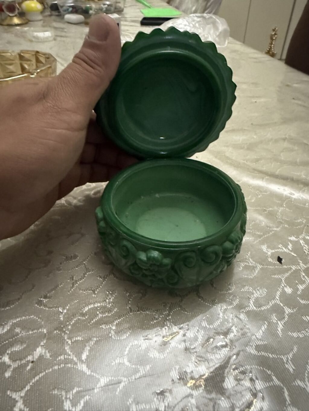 Yaşıl dekorativ qapaqlı qab – çiçək naxışlı - Material: malaxit — Süfrə qabı, Digah (3)