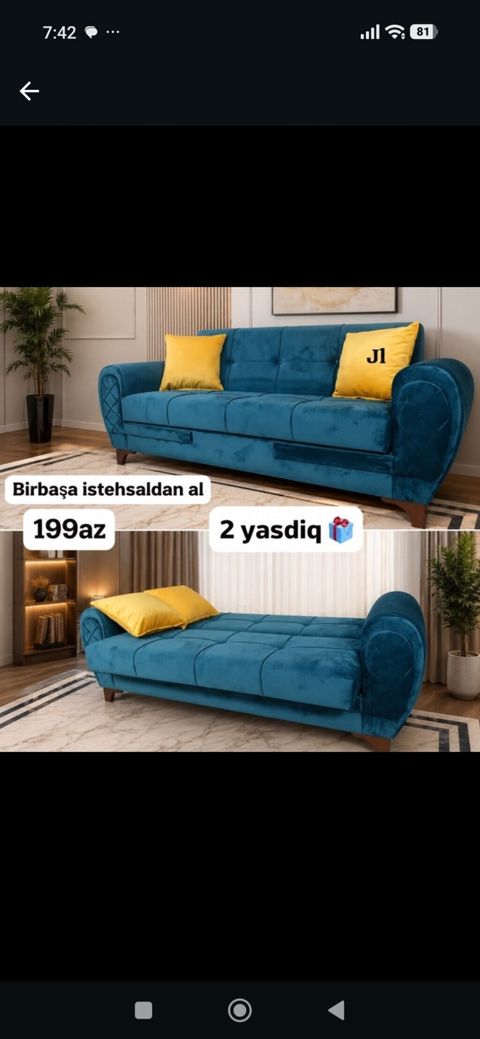 Çevrilə bilən divan – J1 modeli - Rəng: tünd firuzə-mavi — Bakı