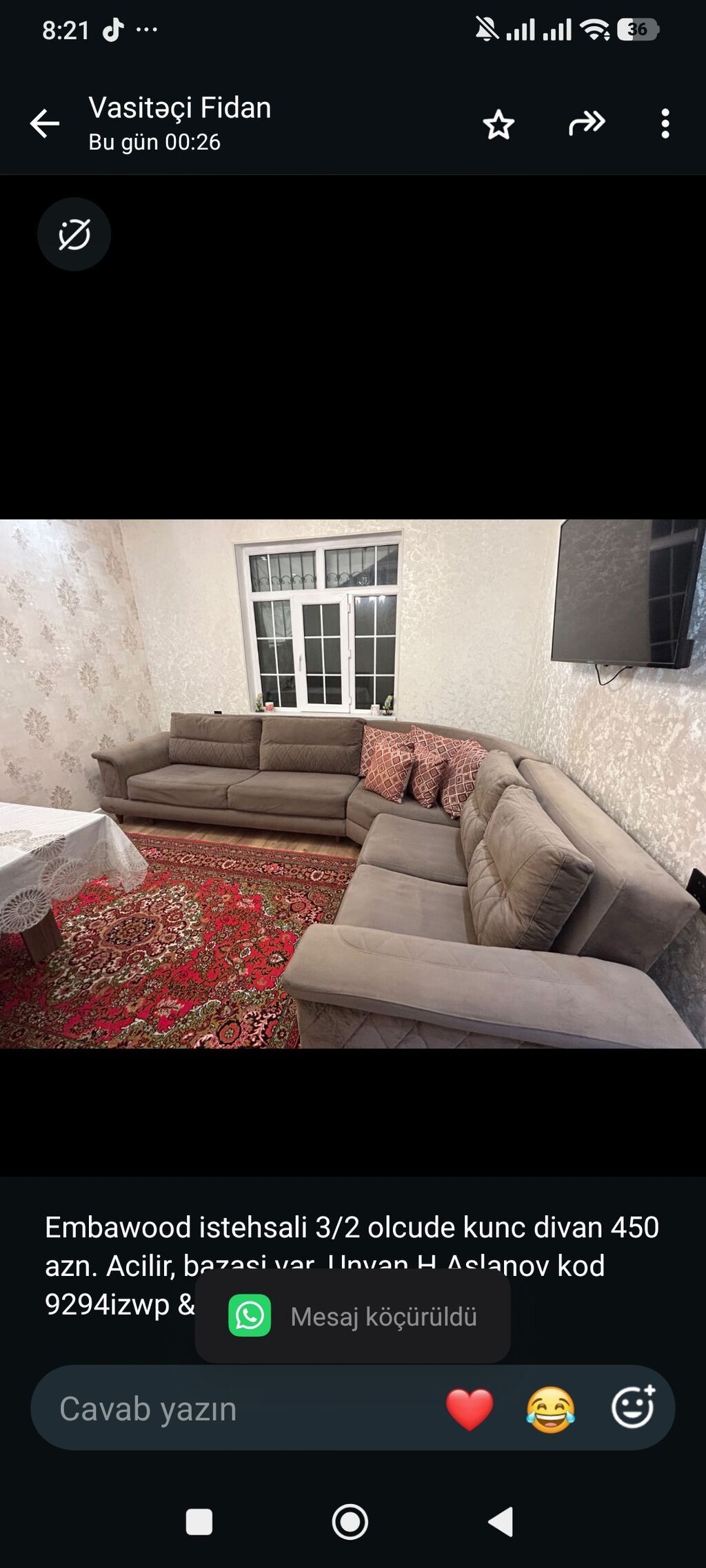 Embawood istehsali 3/2 olcude kunc divan 450 azn. Acilir, bazasi var — Divanlər, Bakı