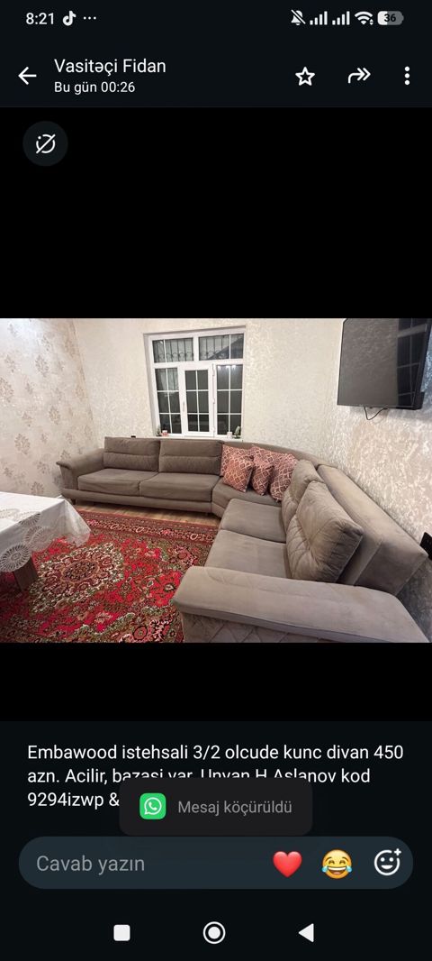 Embawood istehsali 3/2 olcude kunc divan 450 azn. Acilir, bazasi var — Bakı