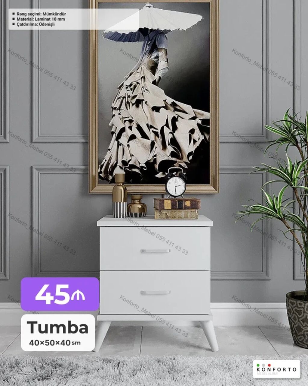Ağ rəngli tumba – 2 çekmecəli, müasir dizayn. - Ölçülər: 40×50×40 sm — Komodlar və tumbalı, Bakı