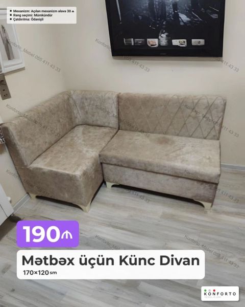 Məhsul: Mətbəx üçün künc divan Ölçü: 170×120 sm Xüsusiyyətlər — Bakı