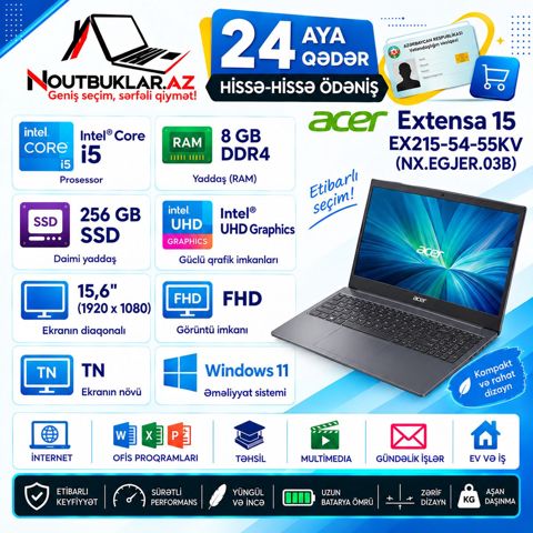Acer extensa 15 EX215-54-55KV NX.EGJER.03B — Kompüterlər və noutbuklar