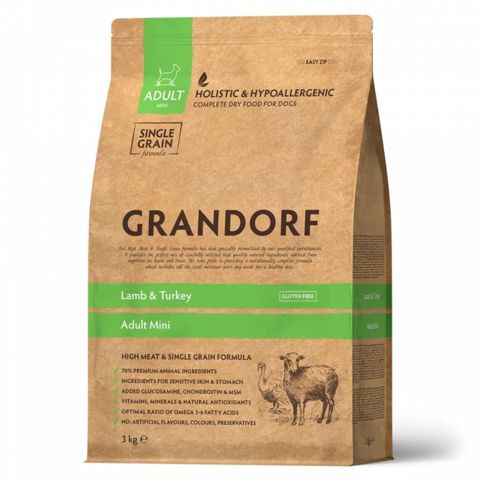 Quru yem Grandorf Adult Mini, kiçik cins yetkin itlər üçün, quzu və hinduşka əti ilə, 1 kq — Bakı