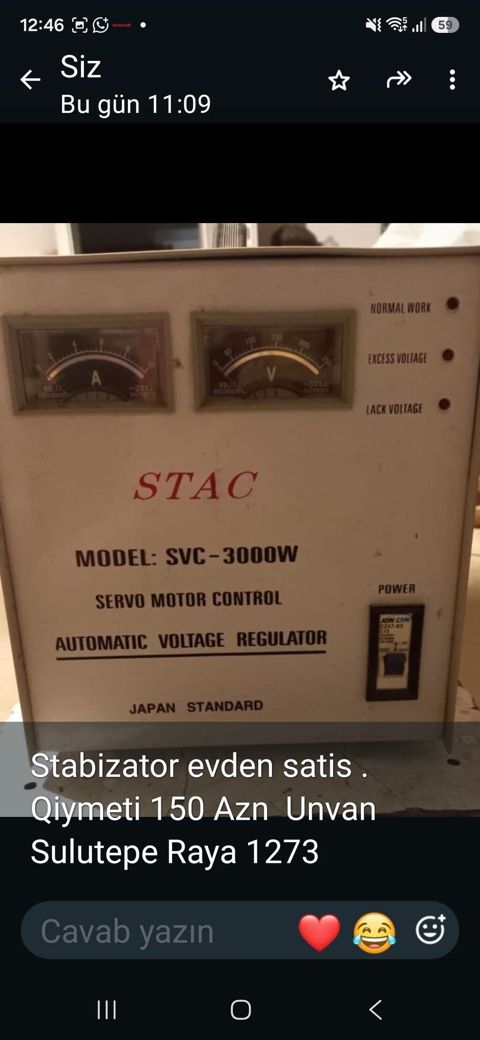 Stac avtomatik gərginlik tənzimləyicisi (Automatic Voltage Regulator) — Sumqayıt