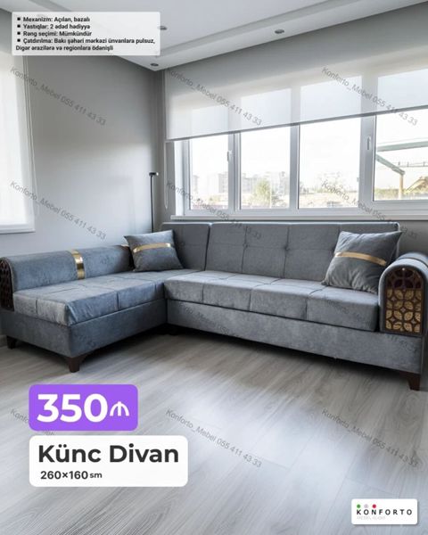 Künc divan – 260×160 sm – Mexanizm: açılan, bazalı (yataq funksiyalı — Bakı