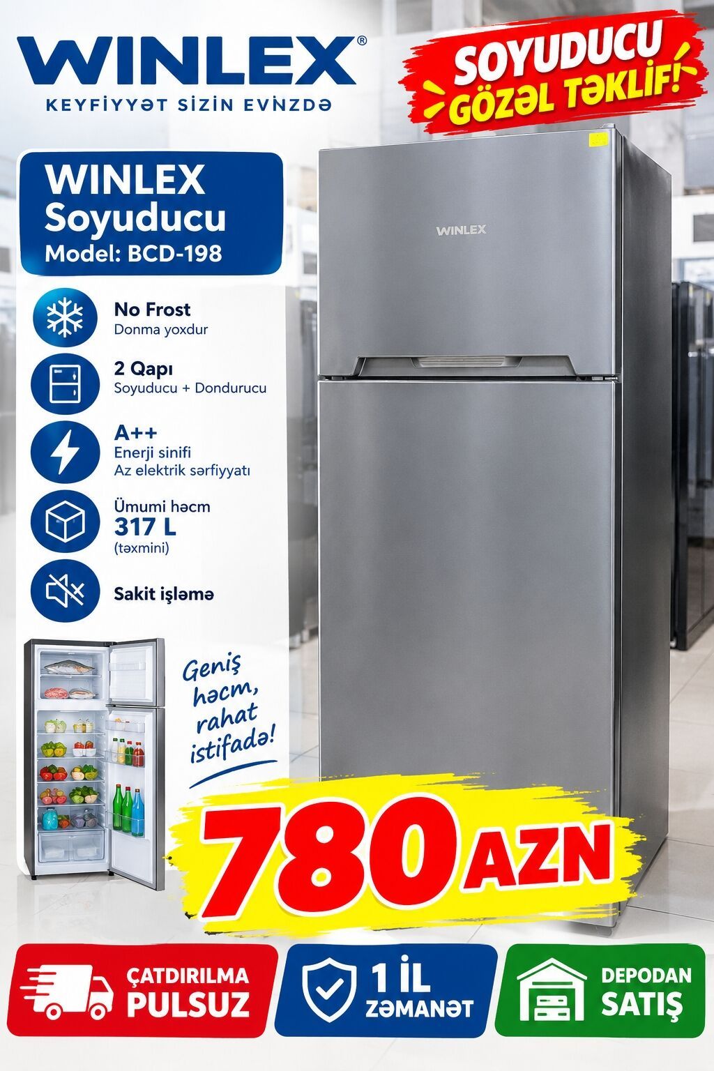 Wınlex Soyuducu – Model: BCD-198 - No Frost: donma yoxdur - 2 qapı — Soyuducular, Bakı
