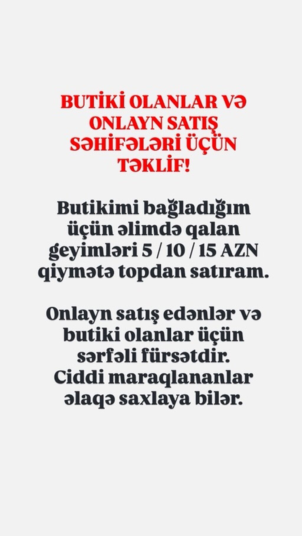 Butik sahibləri və onlayn satış səhifələri üçün topdan geyim təklifi — Qadın paltarı, Bakı