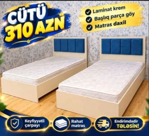 İki ədəd tək nəfərlik çarpayı dəsti - Material: krem rəngli laminat — Bakı