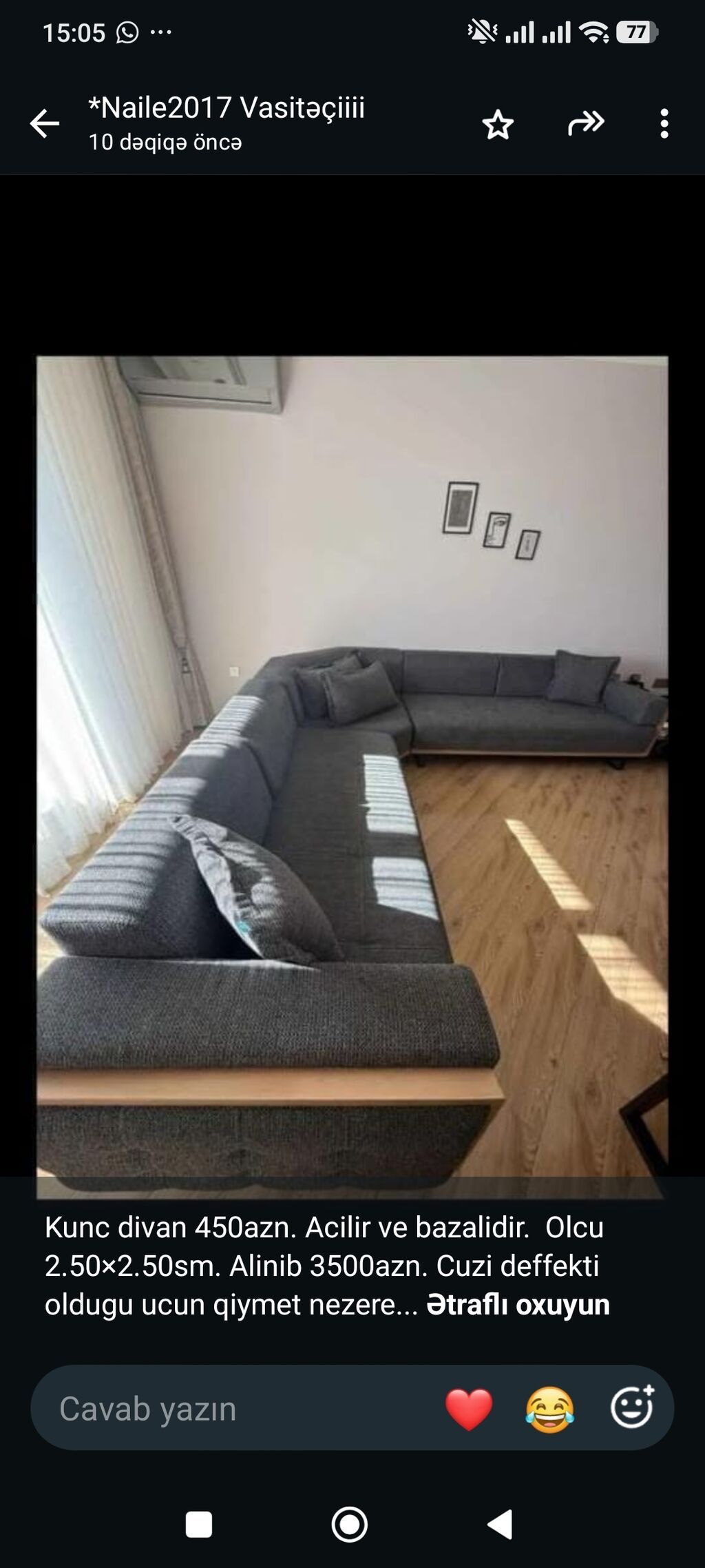Kunc divan 450azn. Acilir ve bazalidir. Olcu 2.50×2.50sm. Alinib — Divanlər, Bakı