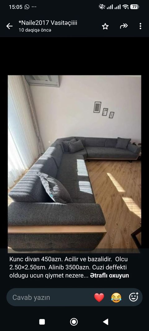 Kunc divan 450azn. Acilir ve bazalidir. Olcu 2.50×2.50sm. Alinib — 450 ₼ · Bakı · Divanlər Kunc divan 450azn. Acilir ve bazalidir. Olcu 2.50×2.50sm. Alinib — Bakı