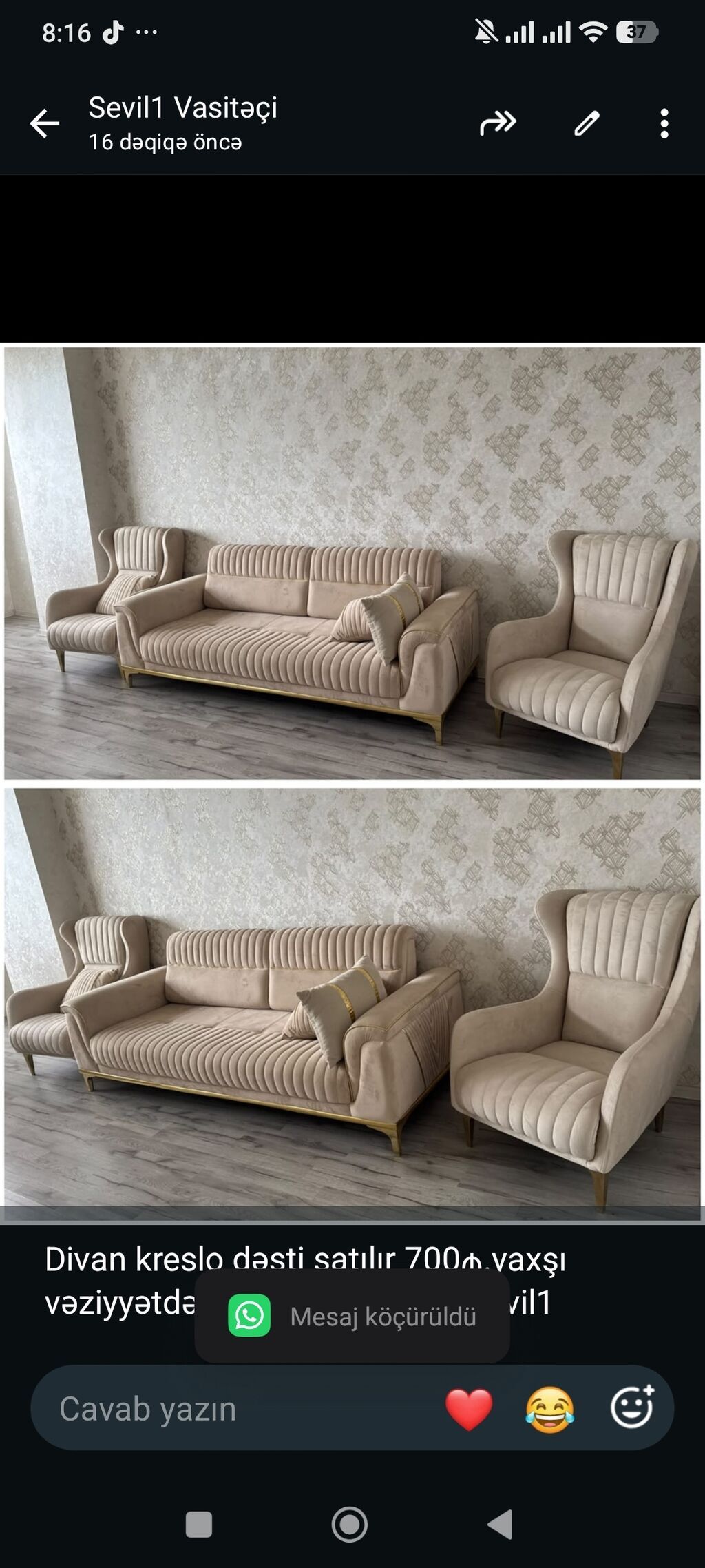 Divan kreslo dəsti satılır 700₼.yaxşı vəziyyətdə.Ünvan — Yumşaq mobilya dəstləri, Bakı