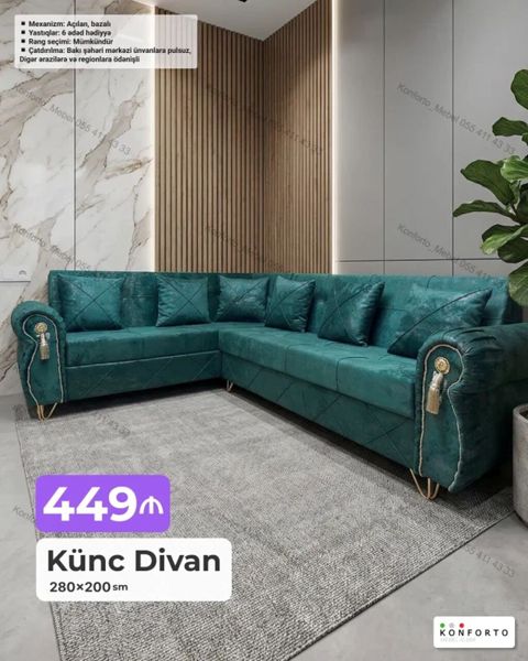 Künc divan – 280×200 sm - Mexanizm: açılan, bazalı (yuxarı qaldırılan — Bakı