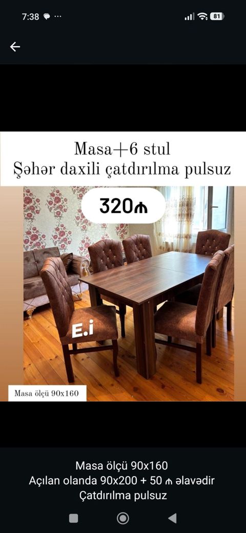 Masa + 6 stul dəsti - Masa ölçüsü: 90x160 sm - Açılan halda: 90x200 — 320 ₼ · Bakı · Masalar və stullar Masa + 6 stul dəsti - Masa ölçüsü: 90x160 sm - Açılan halda: 90x200 — Bakı