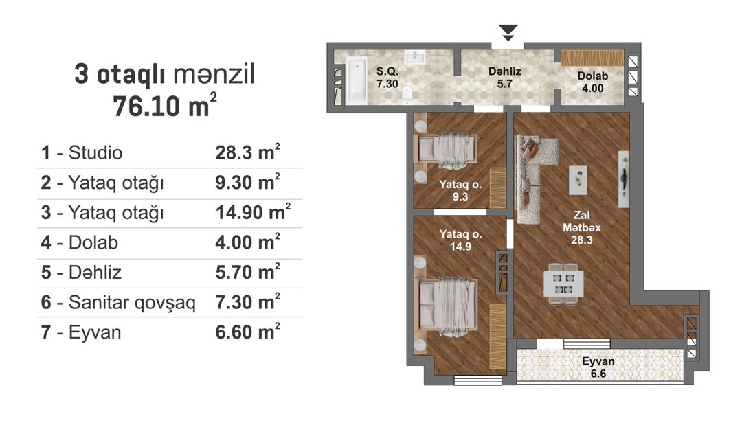 For sale: 3-room apartment (new building), 76 m² — Mənzil, Bakı (2)