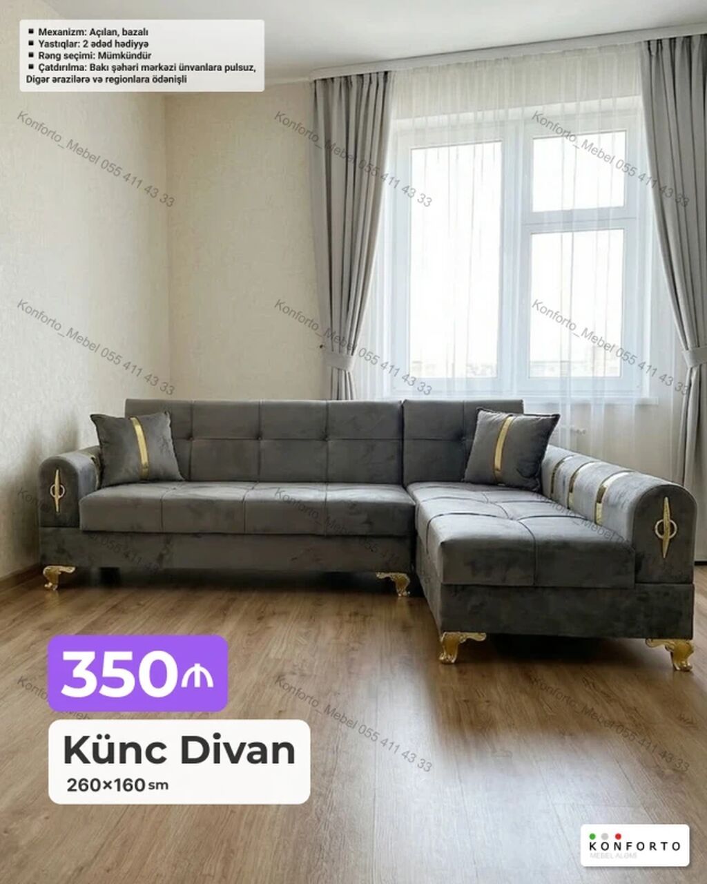 Künc divan — 260×160 sm - Mexanizm: açılan, bazalı (yataq funksiyası — Divanlər, Bakı