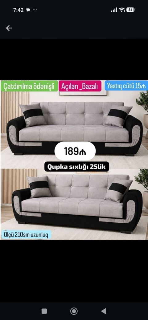 Açılan, bazalı divan - Ölçü: 210 sm uzunluq - Qupka sıxlığı: 25-lik — Bakı