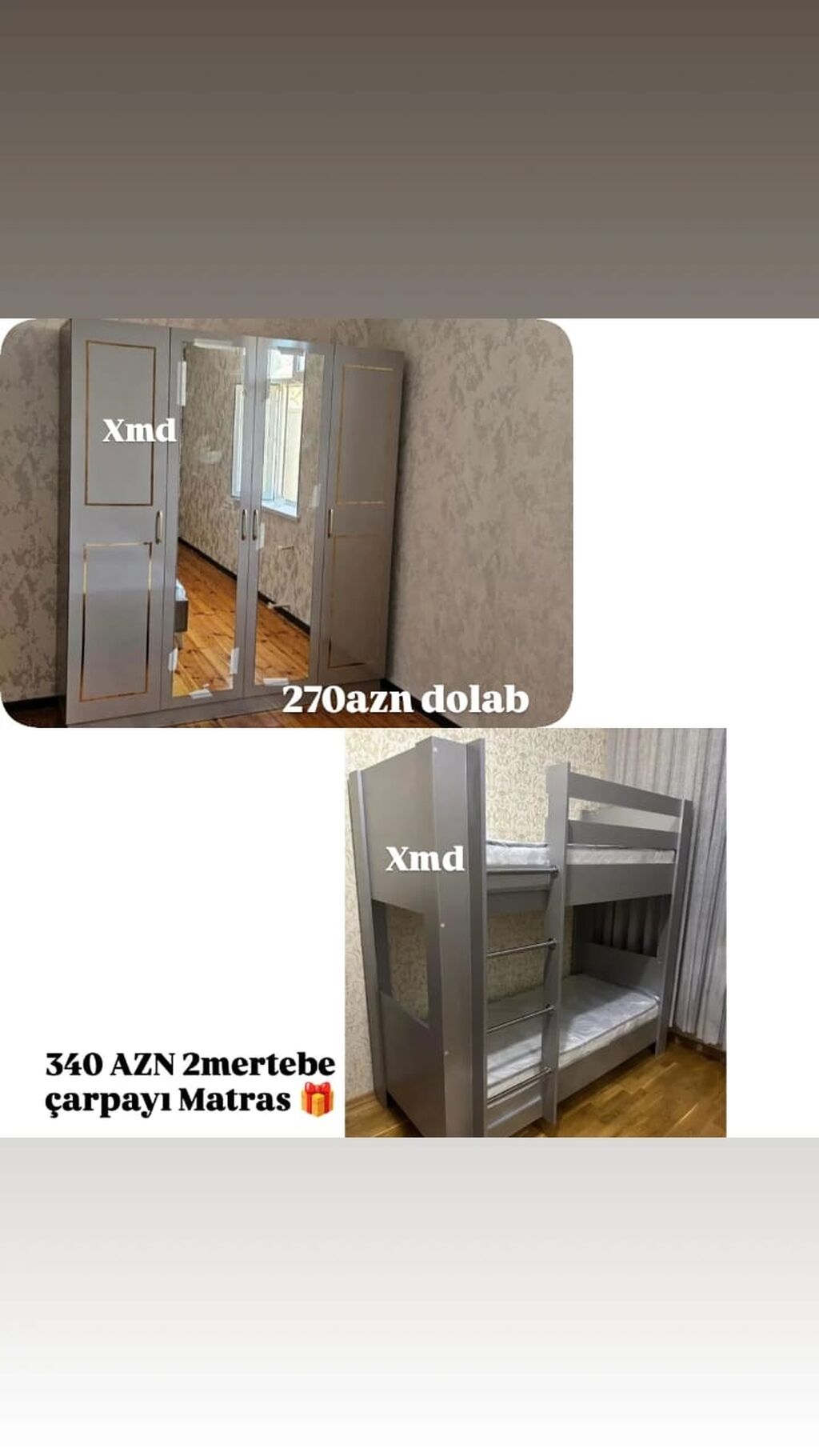 4 qapılı dolab – boz rəng, ön hissədə 2 böyük güzgü paneli, qızılı — Uşaq mebeli dəstləri, Mehdiabad