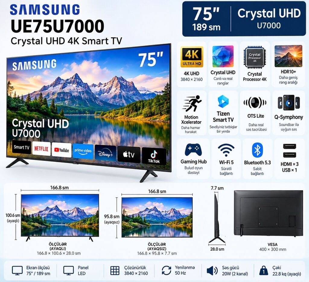 Samsung UE75U7000 Crystal UHD 4K Smart TV – 75" (189 sm) - Ekran: 75 — Televizorlar, Biləsuvar