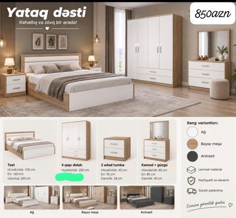 Yataq dəsti – Rahatlıq və zövq bir arada Komplektin tərkibi və — 850 ₼ · Mehdiabad · Yataq otağı mobilya dəstləri Yataq dəsti – Rahatlıq və zövq bir arada Komplektin tərkibi və — Mehdiabad