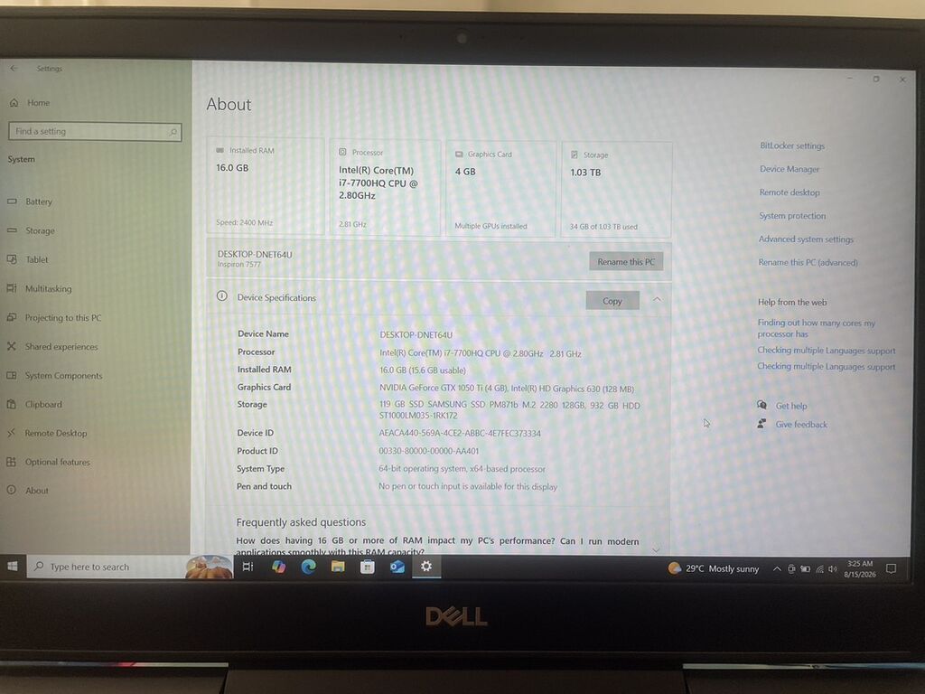 Videokart: Gtx 1050 ti Prosessor İntel core i7-7700HQ(Turbo 3.8GHz) — Dell, Xırdalan (3)