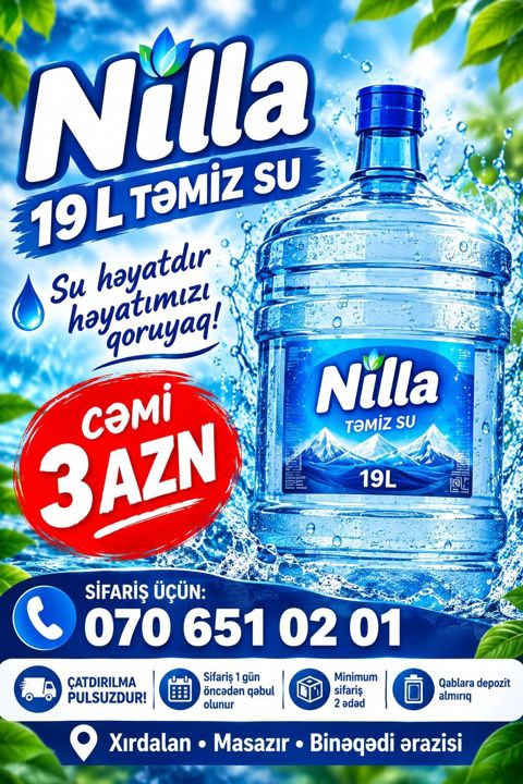 Nilla 19L təmiz su – ailə və ofislər üçün iri həcmli içməli su — Xırdalan