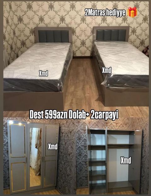 Yataq otağı dəsti – dolab + 2 çarpayı - Komplekt: 3 qapılı paltar — Masazır
