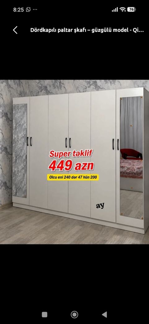 Dördkapılı paltar şkafı – güzgülü model - Ölçü: eni 240 sm, dərinliyi — 449 ₼ · Bakı · Şkaflar Dördkapılı paltar şkafı – güzgülü model - Ölçü: eni 240 sm, dərinliyi — Bakı