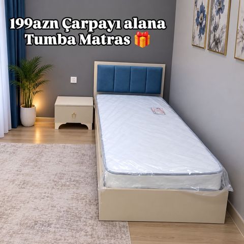 Tək nəfərlik müasir çarpayı dəsti. Yüngül krem rəngli korpus, yumşaq — Bakı