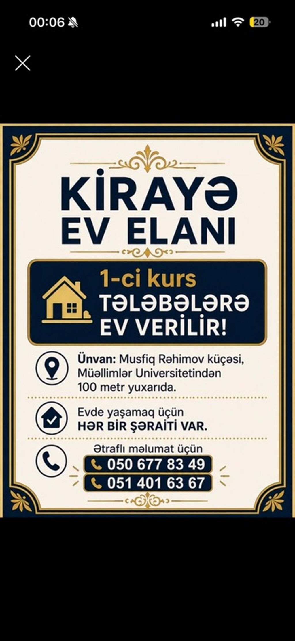 Kirayə ev elanıdır. 1-ci kurs tələbələrinə ev verilir. Ünvan: Musfiq — Ev, villa, Mingəçevir